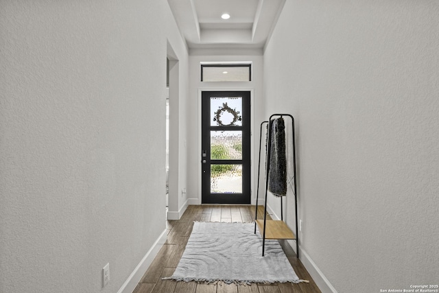 435 Bridle Trl, New Braunfels, TX 78132 - doorway featuring wood finished floors, a textured wall, baseboards, a raised ceiling, and recessed lighting