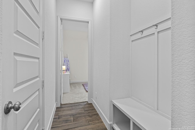 435 Bridle Trl, New Braunfels, TX 78132 - mudroom with dark wood-style floors, baseboards, and a textured wall
