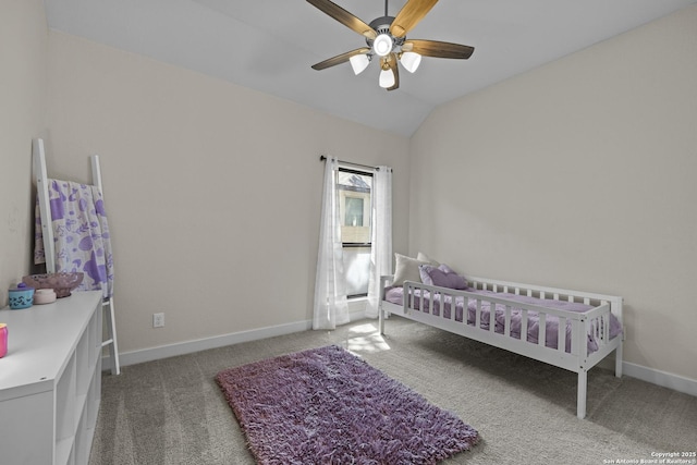435 Bridle Trl, New Braunfels, TX 78132 - carpeted bedroom featuring lofted ceiling, baseboards, ceiling fan, and a nursery area