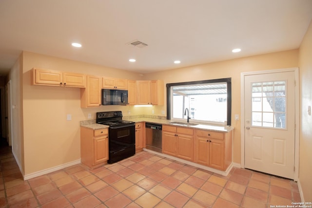 6614 Spring Hurst, San Antonio, TX 78249 - kitchen featuring black appliances, a sink, light brown cabinets, healthy amount of natural light, and recessed lighting