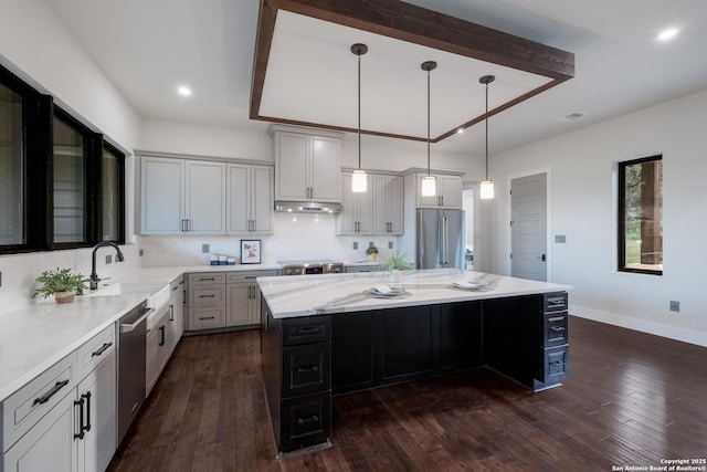 3045 Campestres, Spring Branch, TX 78070 - kitchen featuring appliances with stainless steel finishes, under cabinet range hood, a center island, pendant lighting, and dark wood finished floors
