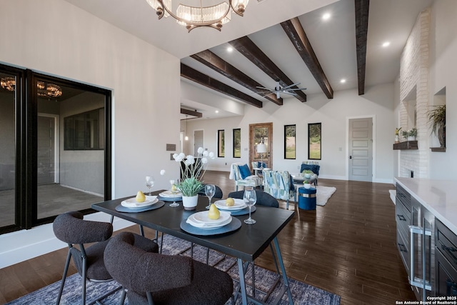 3045 Campestres, Spring Branch, TX 78070 - dining space featuring a chandelier, beam ceiling, dark wood-type flooring, recessed lighting, and ceiling fan