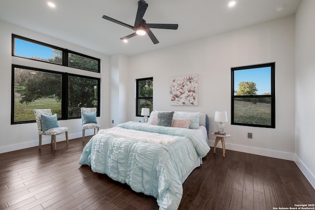 3045 Campestres, Spring Branch, TX 78070 - bedroom featuring dark wood-style flooring, recessed lighting, baseboards, and a ceiling fan