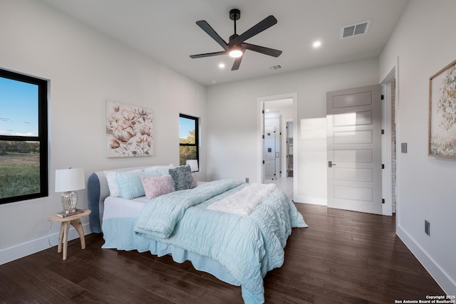 3045 Campestres, Spring Branch, TX 78070 - bedroom featuring multiple windows, wood finished floors, baseboards, recessed lighting, and ceiling fan