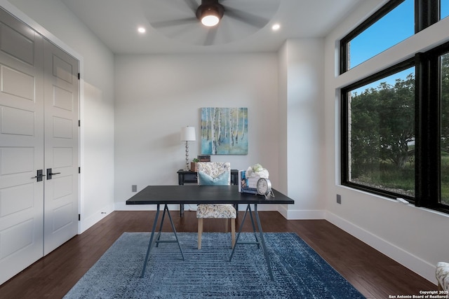 3045 Campestres, Spring Branch, TX 78070 - home office with ceiling fan, dark wood finished floors, baseboards, and recessed lighting