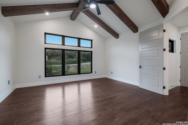 3045 Campestres, Spring Branch, TX 78070 - spare room featuring beamed ceiling, ceiling fan, dark wood-style flooring, baseboards, and high vaulted ceiling