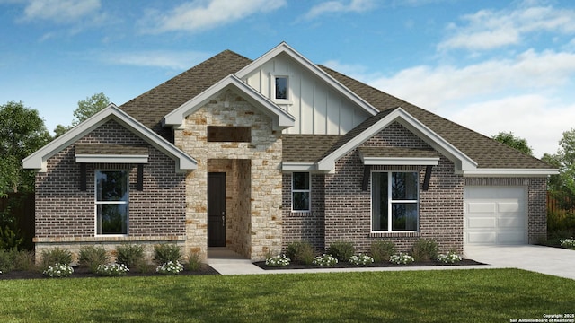 view of front of property with board and batten siding, driveway, a front yard, an attached garage, and roof with shingles