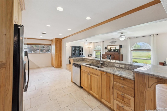 101 Cynthia, Pleasanton, TX 78064 - kitchen with stainless steel appliances, a sink, ceiling fan, plenty of natural light, and recessed lighting