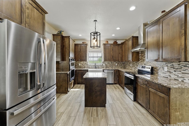 1110 Atascosa County Road 101, Floresville, TX 78114 - kitchen featuring appliances with stainless steel finishes, wall chimney exhaust hood, a sink, a kitchen island, and decorative backsplash