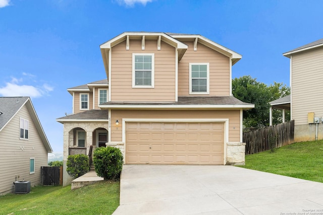 6739 Nora Vista Way, San Antonio, TX 78233 - traditional-style home featuring central AC unit, an attached garage, driveway, covered porch, and stone siding