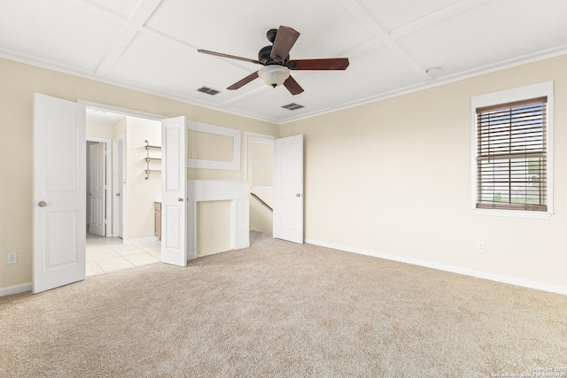 6739 Nora Vista Way, San Antonio, TX 78233 - unfurnished bedroom featuring light colored carpet, baseboards, connected bathroom, ornamental molding, and a ceiling fan