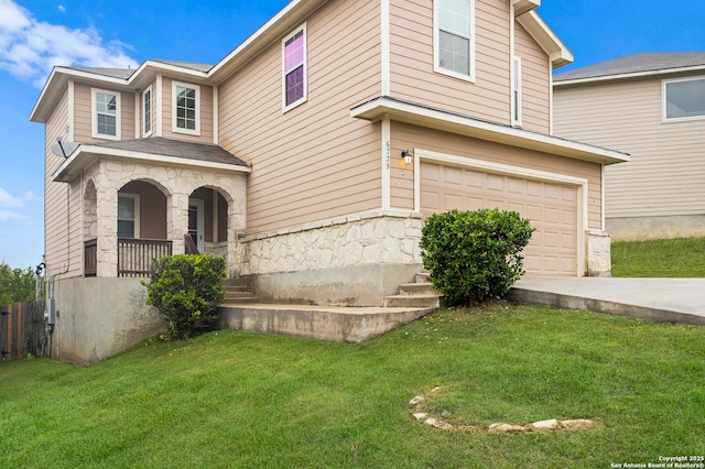 6739 Nora Vista Way, San Antonio, TX 78233 - traditional home featuring stone siding, a front lawn, an attached garage, covered porch, and concrete driveway
