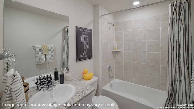 1435 Chianti Pass, New Braunfels, TX 78130 - full bathroom with toilet, shower / tub combo with curtain, vanity, and recessed lighting