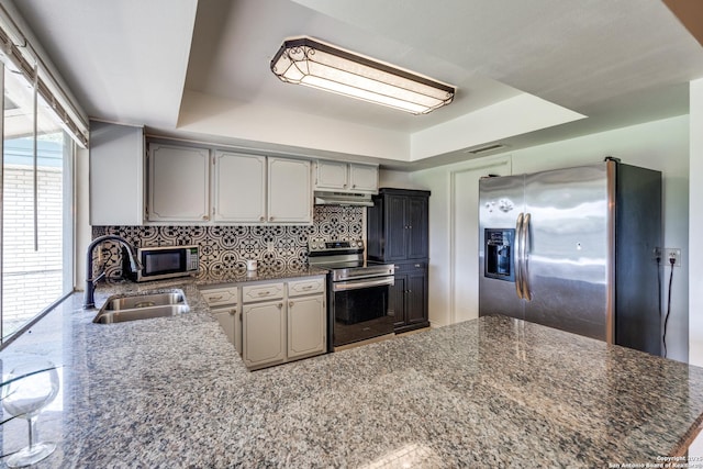 kitchen featuring appliances with stainless steel finishes, a sink, a peninsula, backsplash, and under cabinet range hood