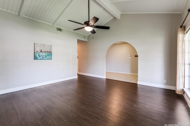 spare room with ceiling fan, arched walkways, beam ceiling, dark wood-style floors, and high vaulted ceiling
