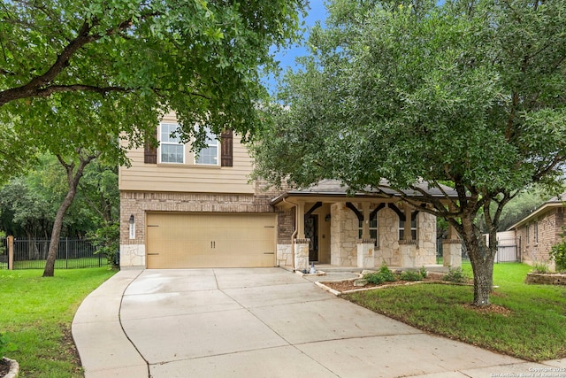 10607 Carmona, Helotes, TX 78023 - view of front of property featuring covered porch, stone siding, concrete driveway, and an attached garage