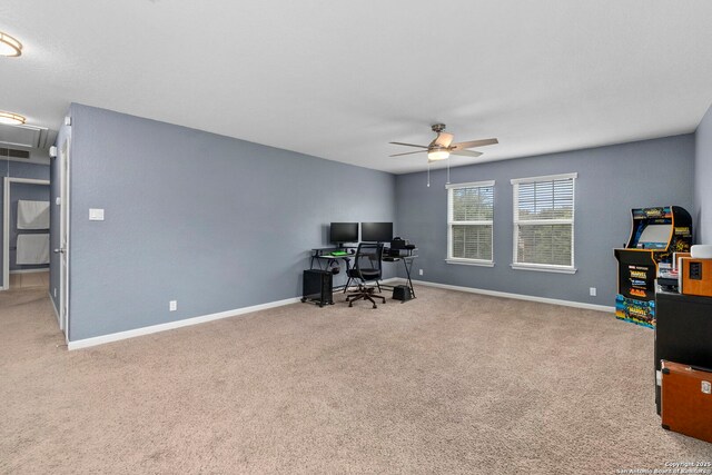 10607 Carmona, Helotes, TX 78023 - carpeted home office with a ceiling fan and baseboards