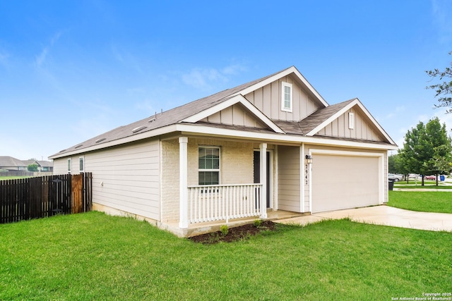 view of front facade with a porch, board and batten siding, concrete driveway, and an attached garage