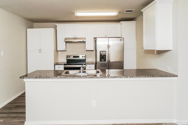 kitchen featuring appliances with stainless steel finishes, a sink, under cabinet range hood, and dark stone countertops