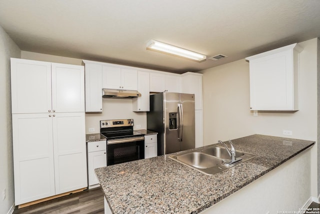kitchen with stainless steel appliances, under cabinet range hood, a sink, a peninsula, and white cabinets