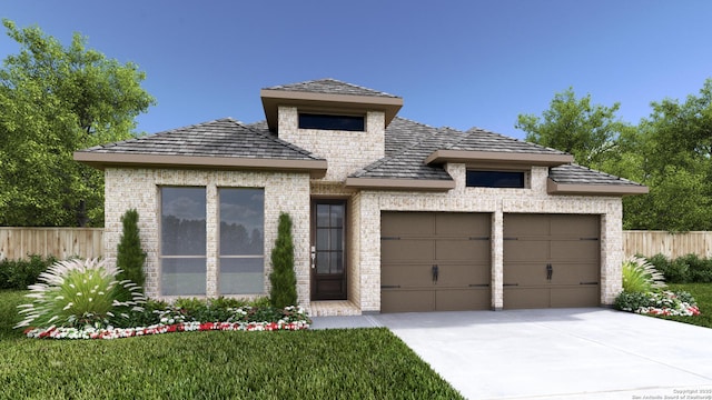 9936 Paladin Rdg, San Antonio, TX 78254 - view of front of house featuring brick siding, a garage, fence, and concrete driveway