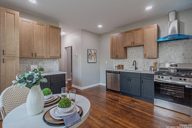 1641 W Huisache, San Antonio, TX 78201 - kitchen featuring stainless steel appliances, wall chimney exhaust hood, a sink, dark wood-type flooring, and light countertops