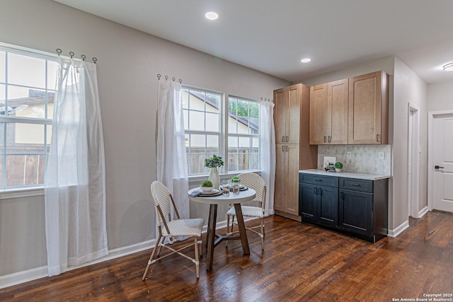 1641 W Huisache, San Antonio, TX 78201 - kitchen with dark wood-type flooring, baseboards, light countertops, recessed lighting, and decorative backsplash