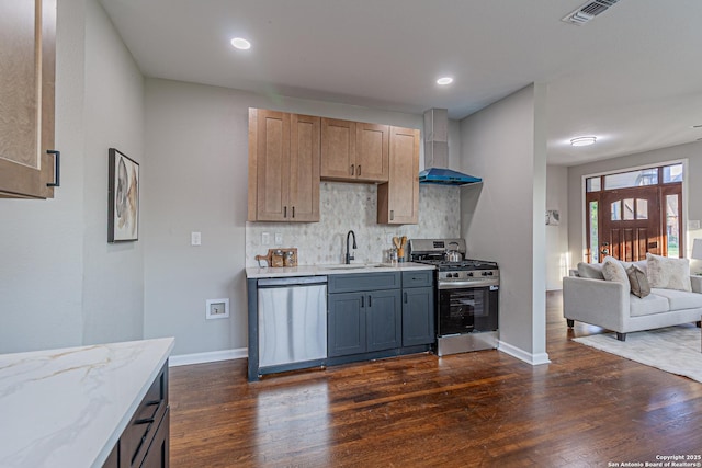 1641 W Huisache, San Antonio, TX 78201 - kitchen with appliances with stainless steel finishes, wall chimney range hood, a sink, dark wood finished floors, and recessed lighting