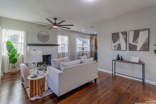 1641 W Huisache, San Antonio, TX 78201 - living area featuring a fireplace, wood finished floors, a ceiling fan, baseboards, and recessed lighting