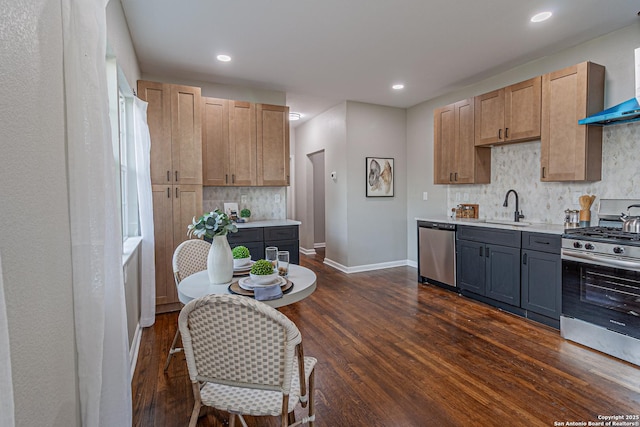 1641 W Huisache, San Antonio, TX 78201 - kitchen with stainless steel appliances, a sink, light countertops, decorative backsplash, and dark wood-style floors