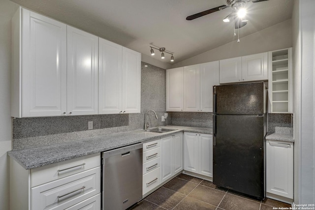 2802 Bent Bow, San Antonio, TX 78209 - kitchen with freestanding refrigerator, stainless steel dishwasher, a sink, decorative backsplash, and a ceiling fan