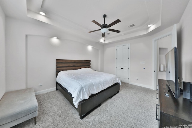 6514 Comanche Post, San Antonio, TX 78233 - bedroom with a raised ceiling, baseboards, carpet flooring, recessed lighting, and a ceiling fan