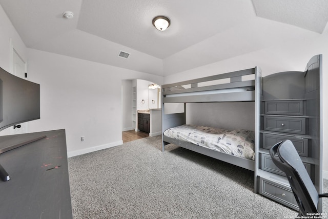 6514 Comanche Post, San Antonio, TX 78233 - bedroom featuring carpet, baseboards, vaulted ceiling, and ensuite bathroom