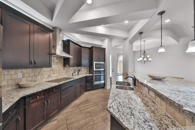 6514 Comanche Post, San Antonio, TX 78233 - kitchen featuring appliances with stainless steel finishes, wall chimney exhaust hood, a sink, tasteful backsplash, and light stone counters
