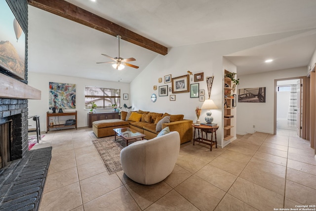living area with light tile patterned floors, a brick fireplace, a ceiling fan, and recessed lighting