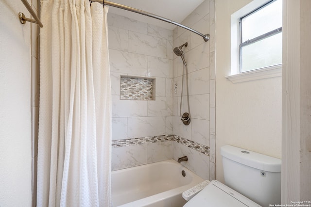 full bathroom with toilet and shower / bath combination with curtain