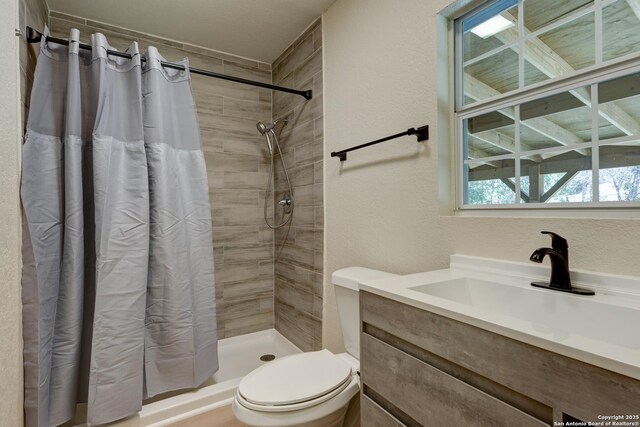 9015 Spanish Cv, San Antonio, TX 78242 - full bathroom featuring a tile shower, toilet, vanity, and a textured wall