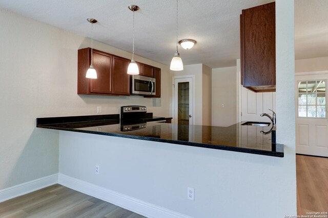 9015 Spanish Cv, San Antonio, TX 78242 - kitchen with stainless steel appliances, a peninsula, wood finished floors, a sink, and hanging light fixtures