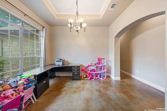 125 Stone Cyn, Fredericksburg, TX 78624 - playroom with a tray ceiling, a chandelier, arched walkways, baseboards, and ornamental molding