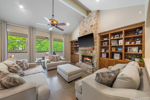 125 Stone Cyn, Fredericksburg, TX 78624 - living room with a fireplace, a ceiling fan, and recessed lighting