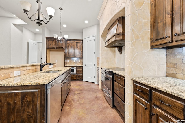 105 Saddle Up, La Vernia, TX 78121 - kitchen featuring stainless steel appliances, a sink, a chandelier, custom range hood, and decorative backsplash