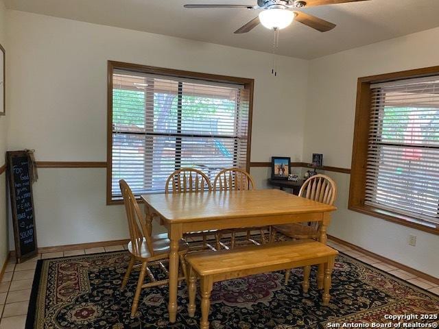 9516 Geronimo Oaks, San Antonio, TX 78254 - dining room with light tile patterned flooring, a ceiling fan, and plenty of natural light