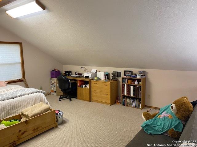 9516 Geronimo Oaks, San Antonio, TX 78254 - bedroom with lofted ceiling, light colored carpet, and a textured ceiling