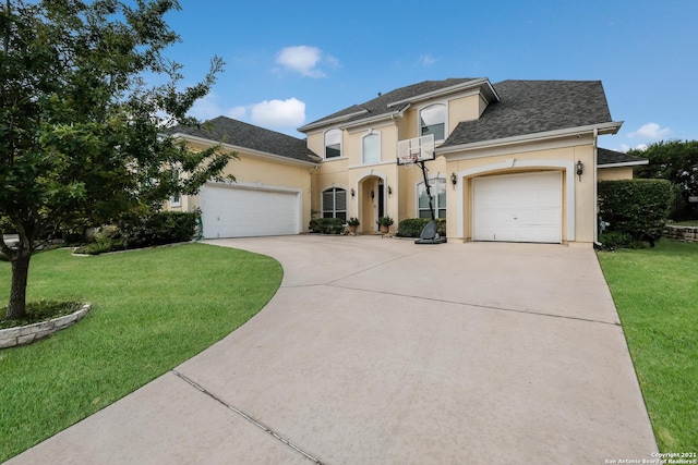 18211 Branson Fls, San Antonio, TX 78255 - view of front of property featuring driveway, a garage, a front yard, stucco siding, and a shingled roof