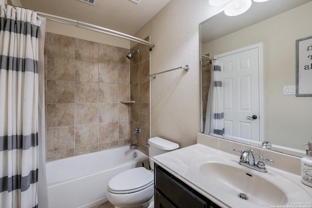 18211 Branson Fls, San Antonio, TX 78255 - bathroom featuring a textured wall, shower / bath combination with curtain, toilet, and vanity
