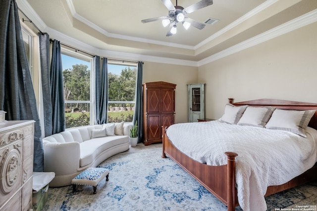 18211 Branson Fls, San Antonio, TX 78255 - bedroom with a raised ceiling, crown molding, and ceiling fan