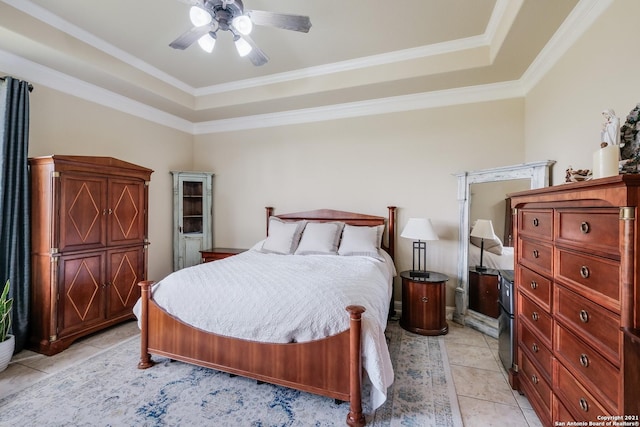 18211 Branson Fls, San Antonio, TX 78255 - bedroom featuring a tray ceiling, light tile patterned flooring, a ceiling fan, and ornamental molding