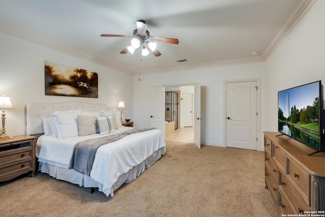 bedroom with ornamental molding, light colored carpet, and ceiling fan