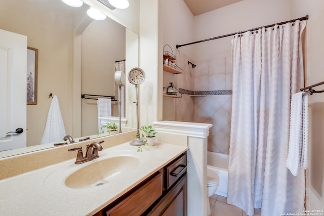 bathroom featuring toilet, vanity, shower / tub combo with curtain, and tile patterned flooring