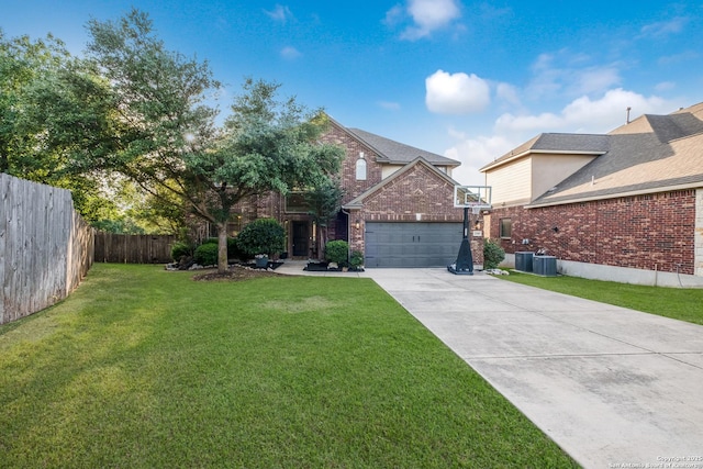 view of front facade featuring brick siding, an attached garage, concrete driveway, and central AC